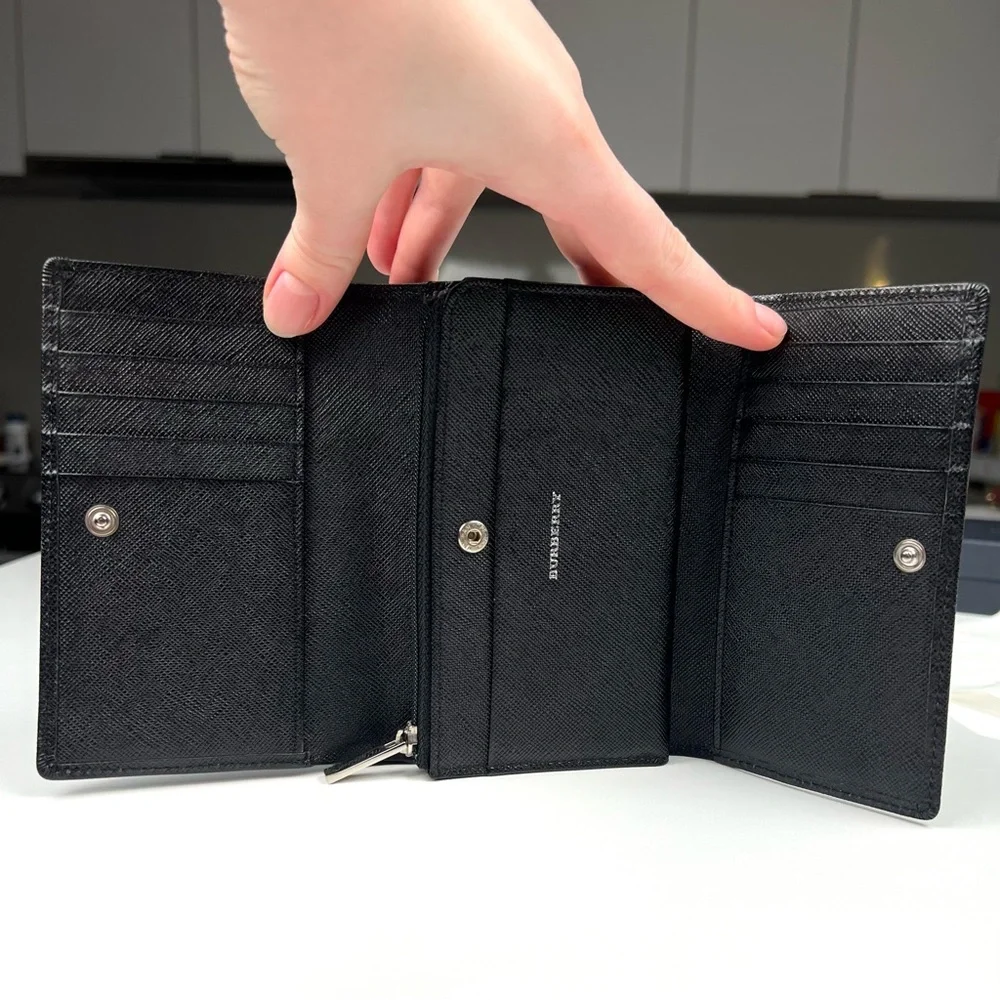 Burberry Nova Check Embossed Leather Trifold Wallet Black